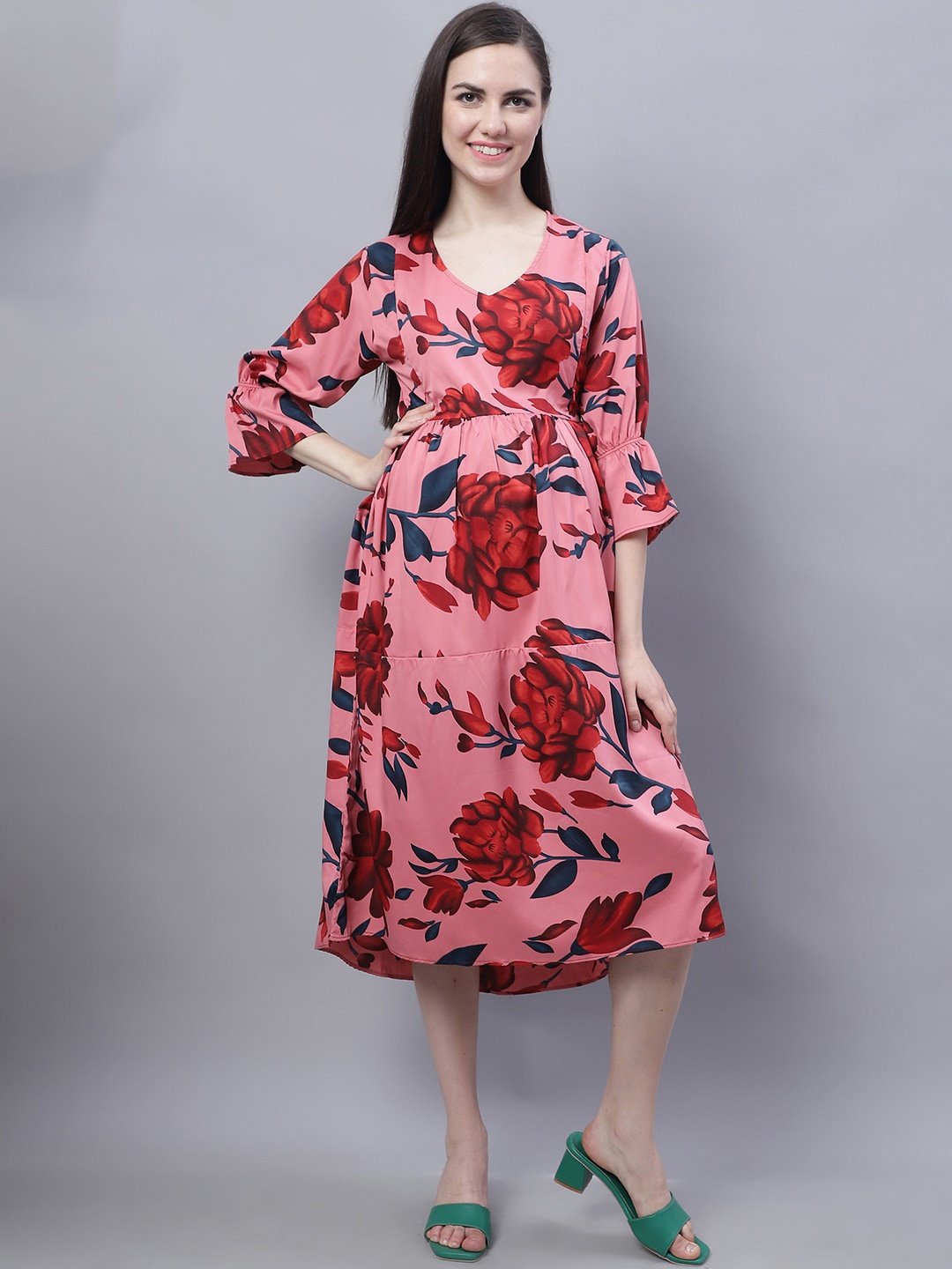 

Moms Maternity Floral Print Bell Sleeve Crepe Maternity Fit & Flare Dress, Pink