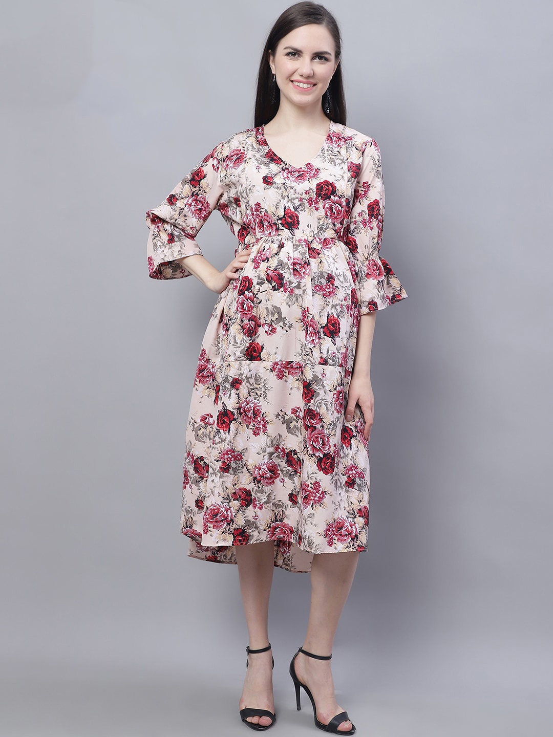 

Moms Maternity Floral Print Bell Sleeve Crepe Maternity Fit & Flare Dress, Beige