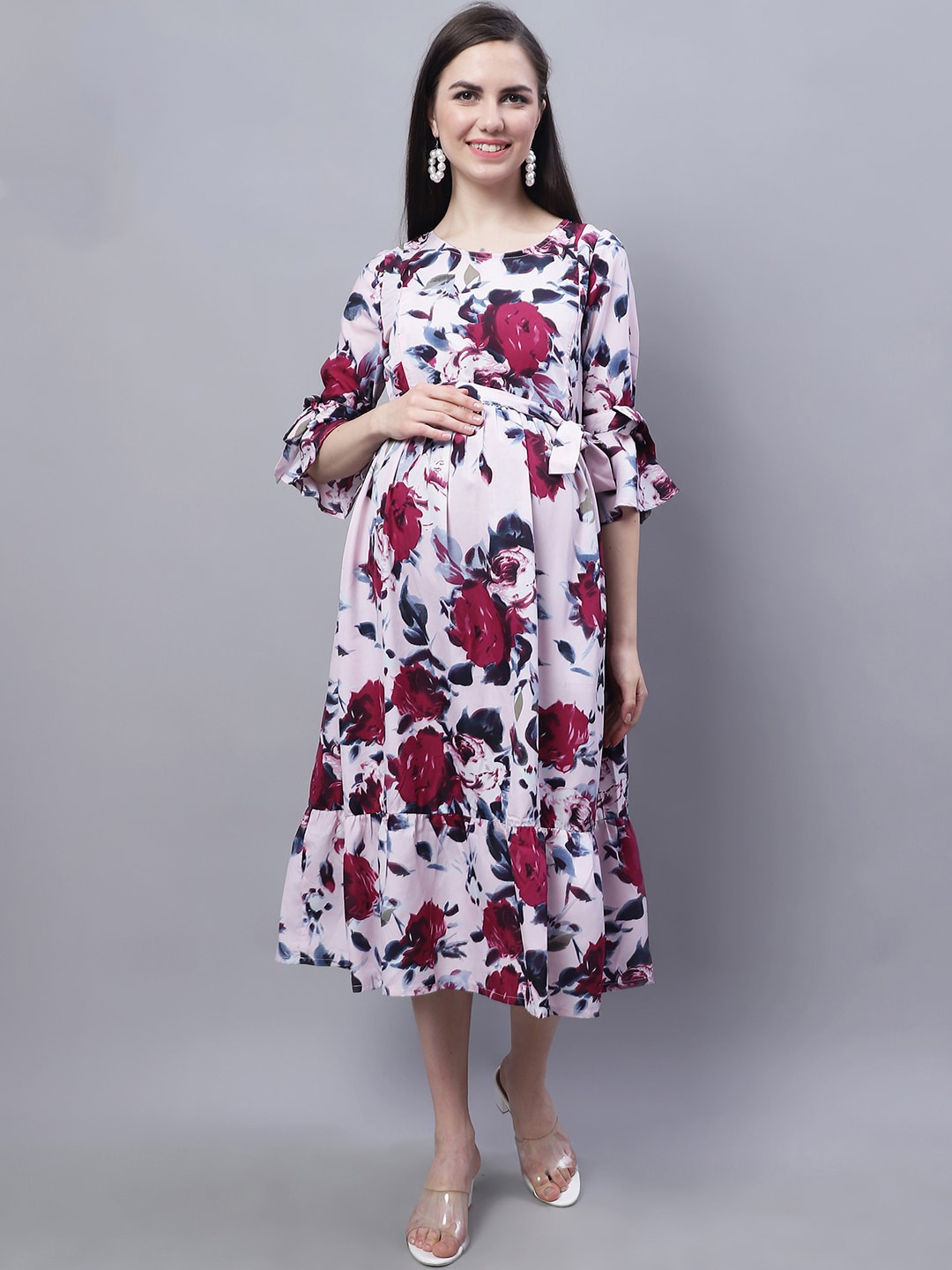 

Moms Maternity Floral Print Bell Sleeve Crepe Maternity Fit & Flare Dress, Off white