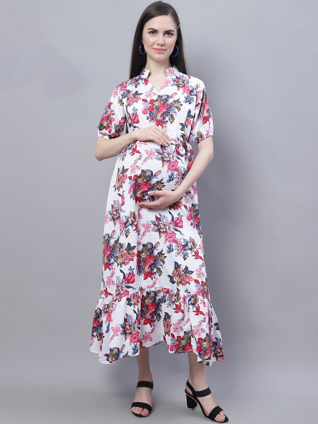 

Moms Maternity Feeding Floral Printed Mandarin Collar Maternity Fit & Flare Maxi Dress, White