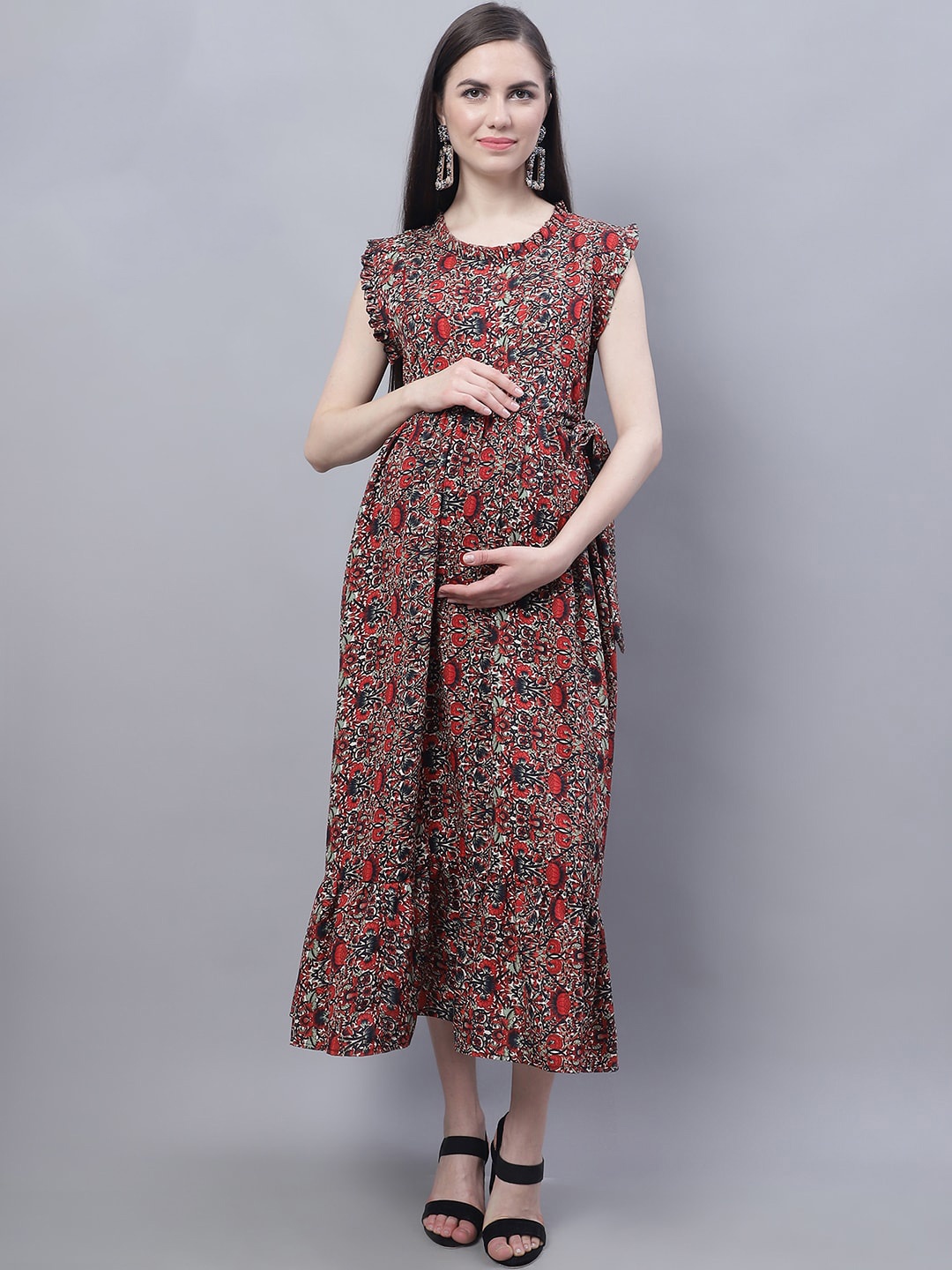 

Moms Maternity Feeding Floral Printed Maternity Fit & Flare Midi Dress, Red