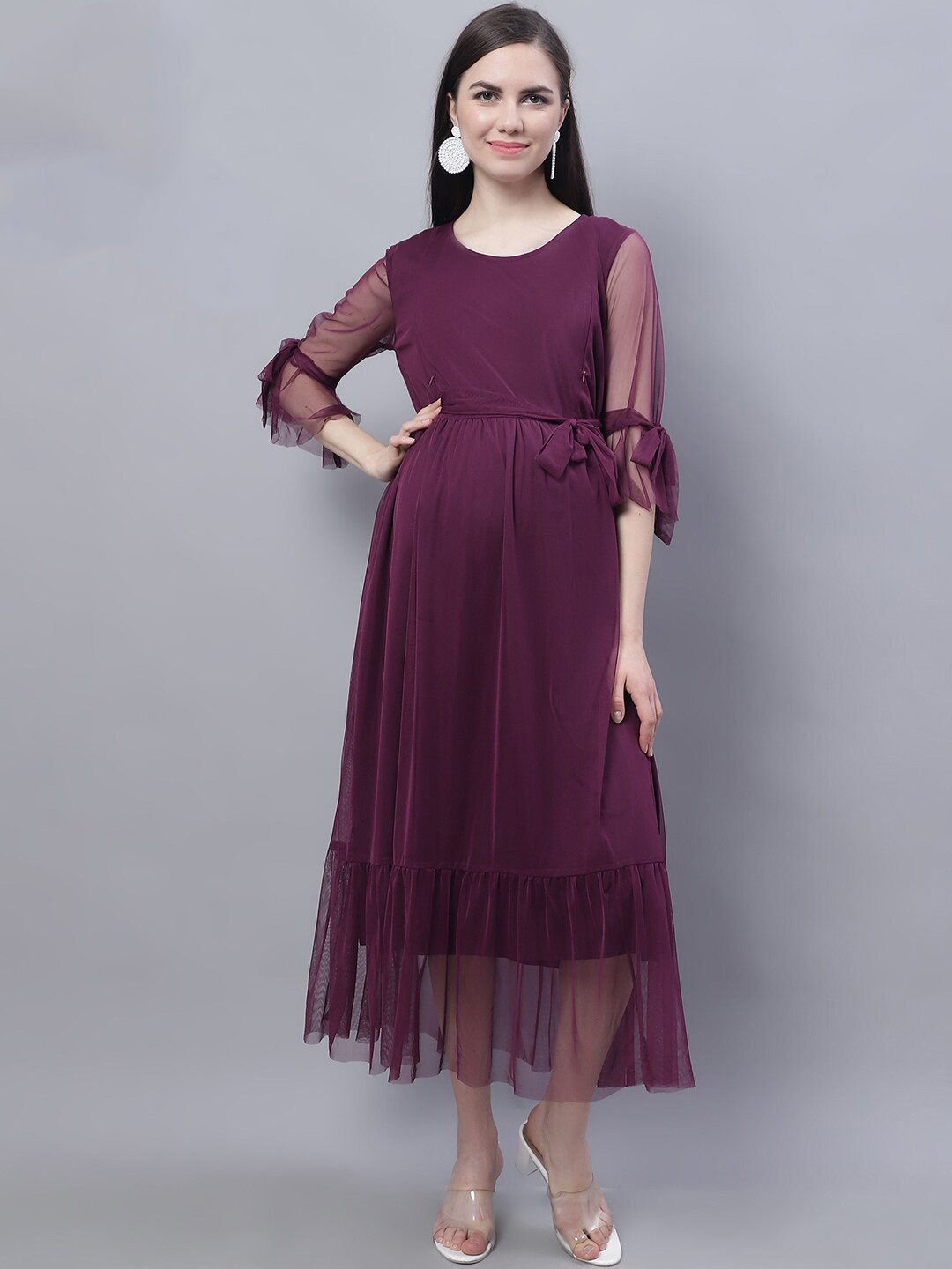 

Moms Maternity Feeding Bell Sleeves Maternity Fit & Flare Midi Dress, Burgundy