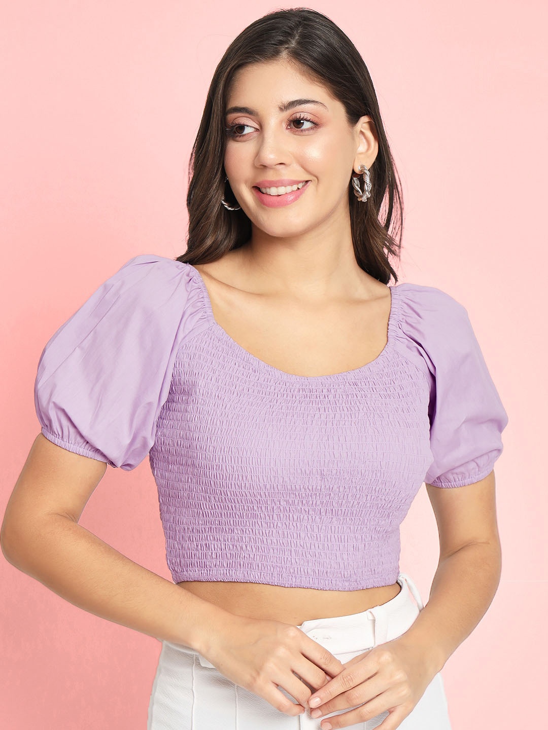 

CHARMGAL Lavender Round Neck Puff Sleeve Smocked Cotton Crop Top