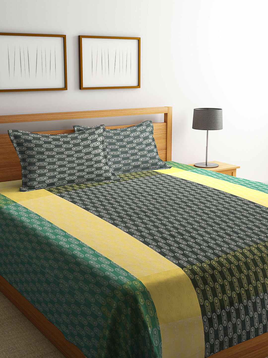 

FABINALIV Green & Yellow Printed Woven Pure Cotton King Bed Cover & 2 Pillow Covers