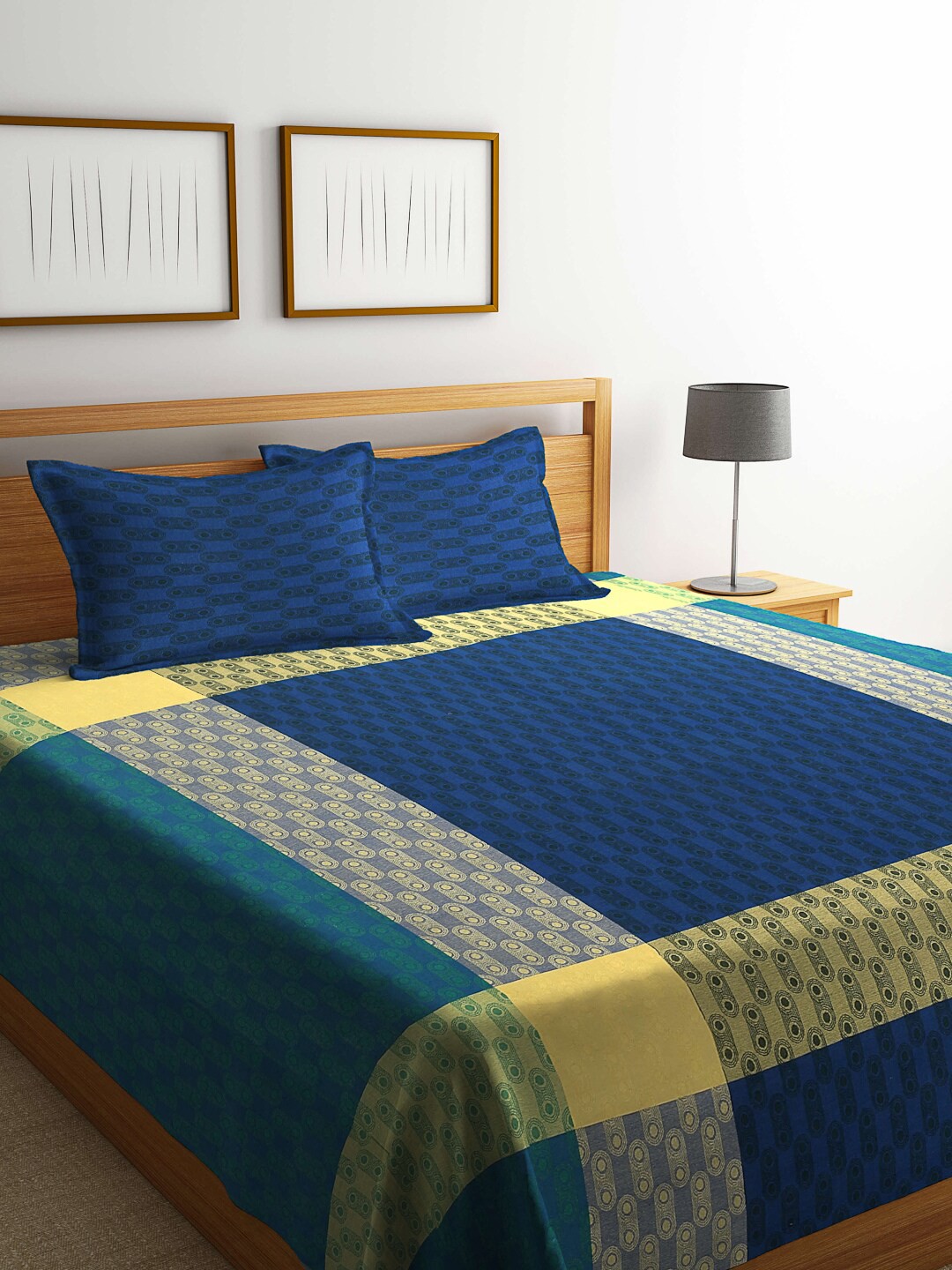 

FABINALIV Green & Yellow Woven Design Pure Cotton King Bed Cover & 2 Pillow Covers