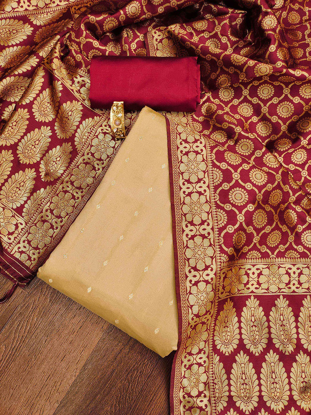 

KALINI Ethnic Motifs Woven Design Unstitched Dress Material, Beige