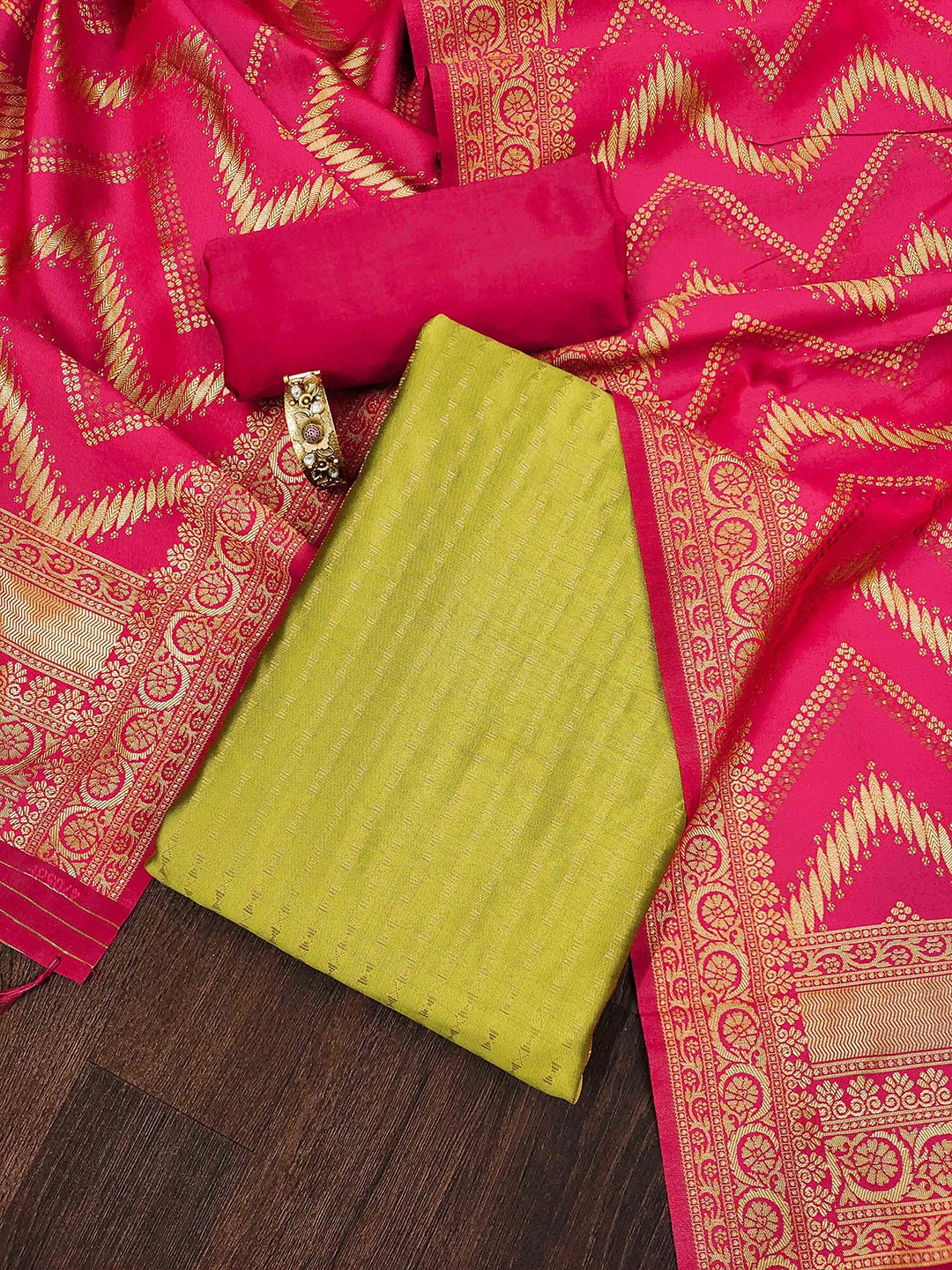 

KALINI Ethnic Motifs Woven Design Unstitched Dress Material, Lime green