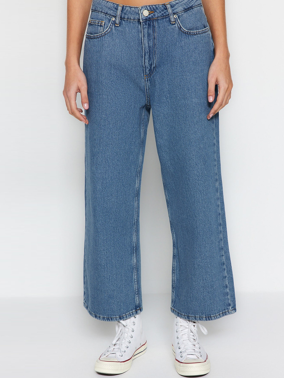 

Trendyol Women Mid Rise Wide Leg Pure Cotton Jeans, Blue