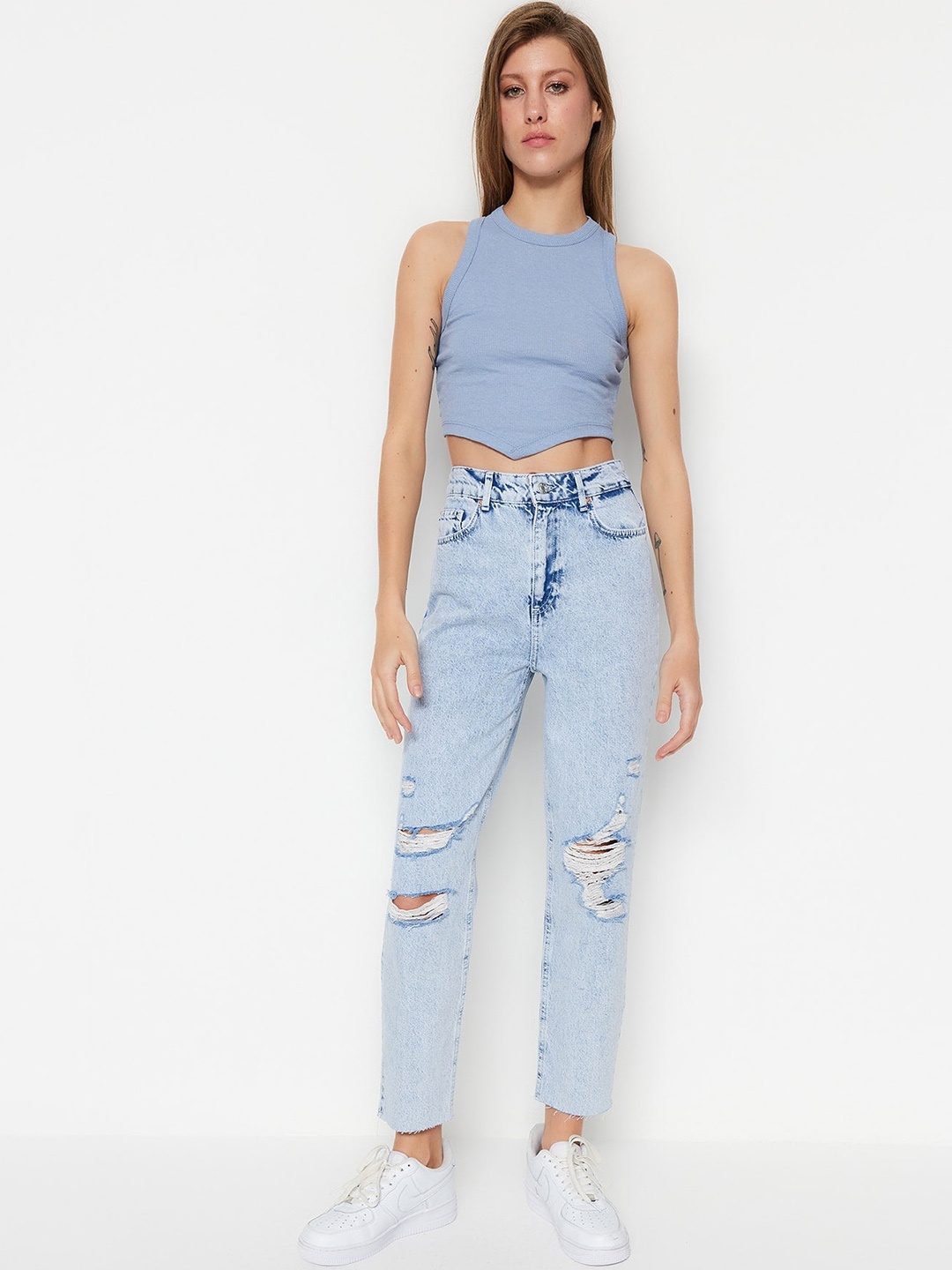 

Trendyol Women Highly Distressed Heavy Fade Cotton Jeans, Blue