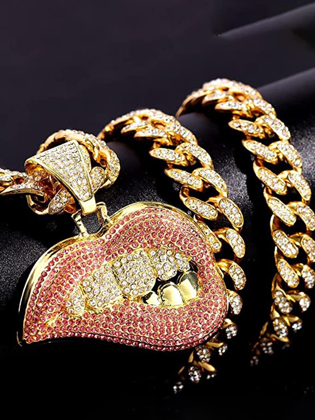 

VIEN Gold-Plated Crystal Studded Hip Hop Bite Lip Shape Necklace
