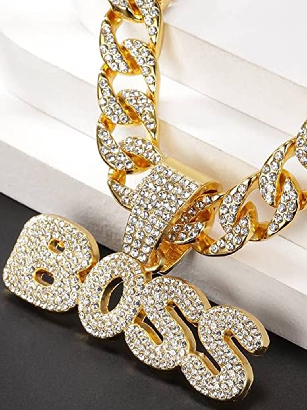 

VIEN Men Gold-Plated BOSS Pendant Statement Cubic Zirconia Necklace