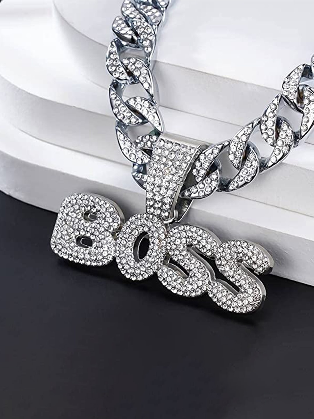 

VIEN Silver-Plated Crystal Studded Mc Stan Hip Hop Chain