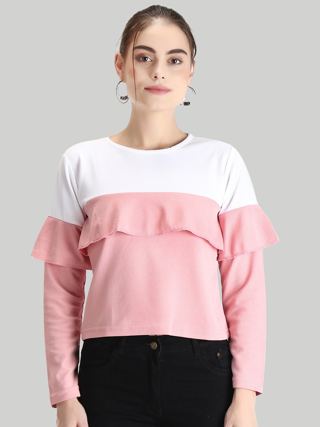 

LEE TEX Colourblocked Extended Sleeves Ruffles Crepe Top, Peach