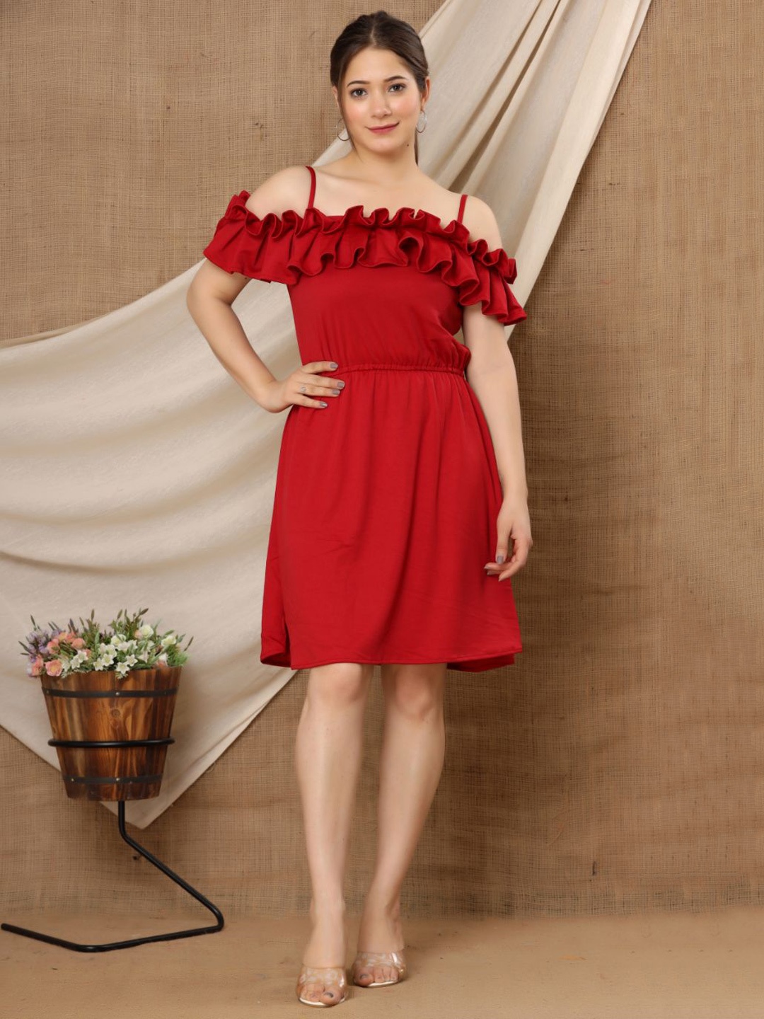 

Mialo fashion Shoulder Strap Gather Detailed A-Line Dress, Red