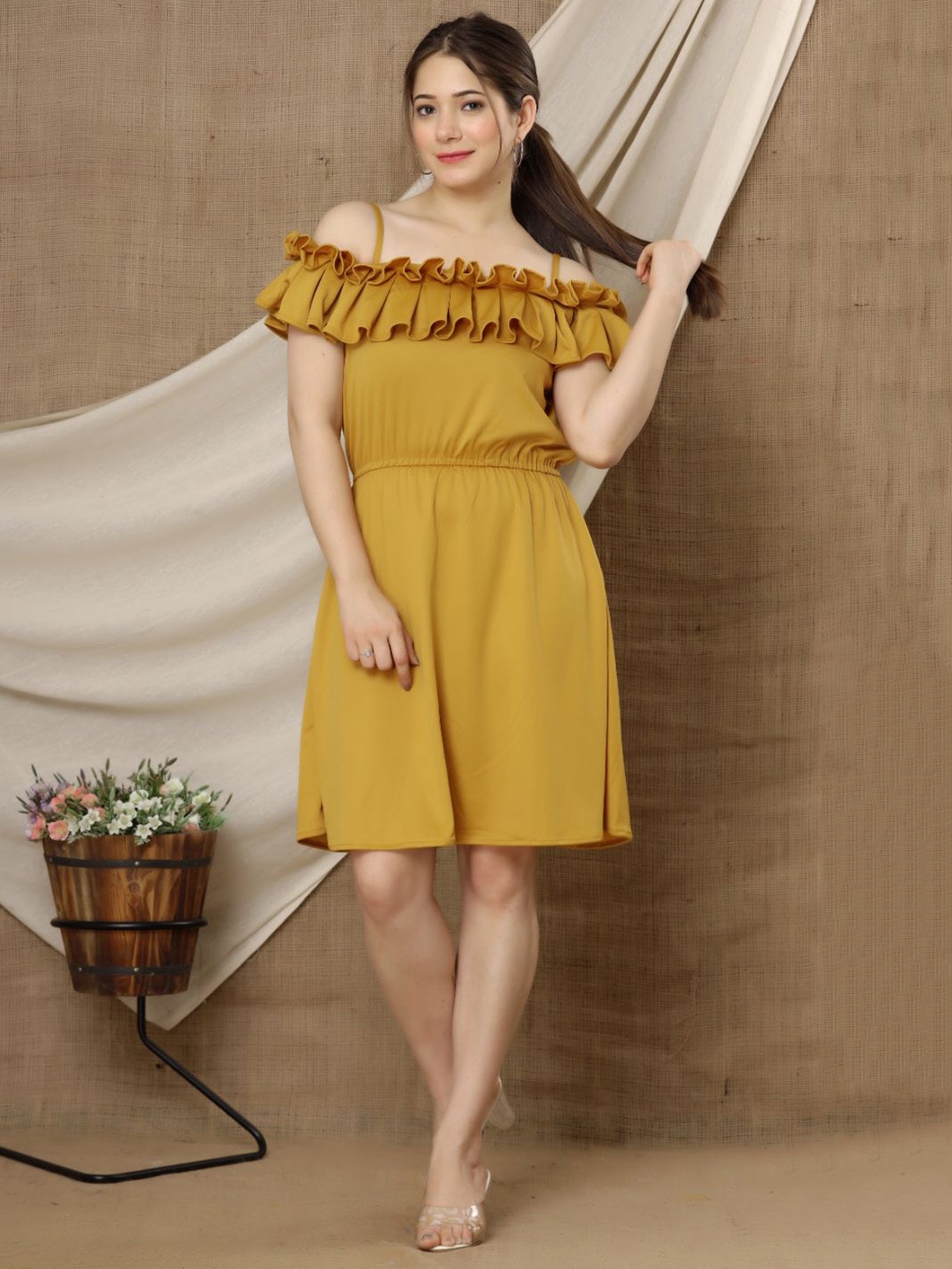 

Mialo fashion Off-Shoulder Ruffled A-Line Dress, Yellow