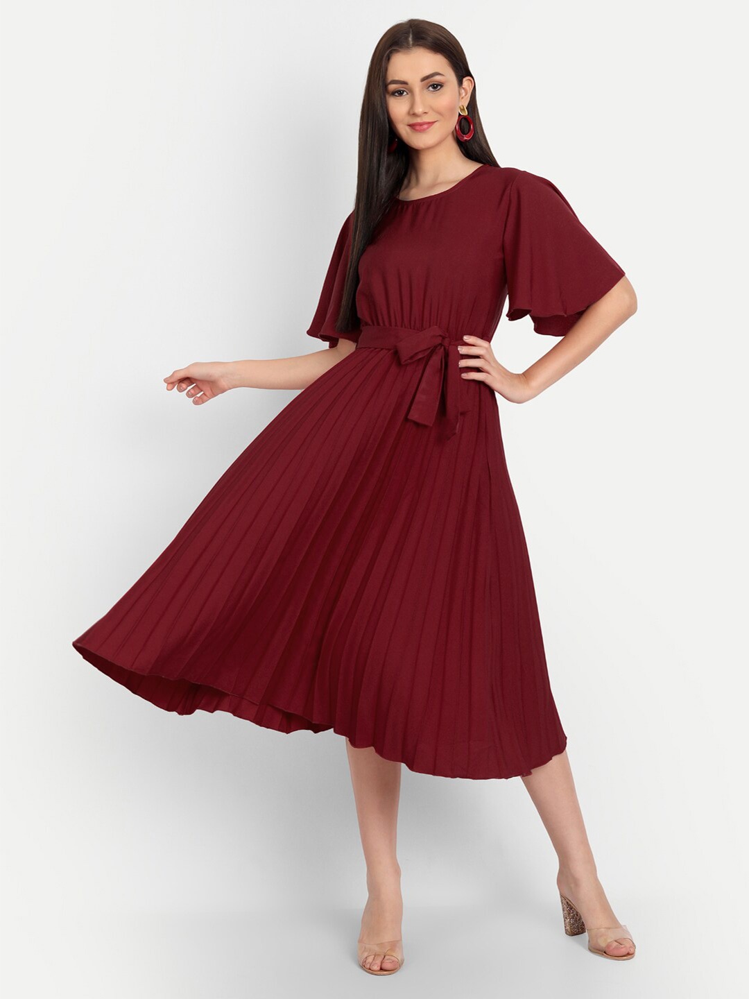 

DEKLOOK A-line Flared Sleeve With Tie-Up Dress, Maroon