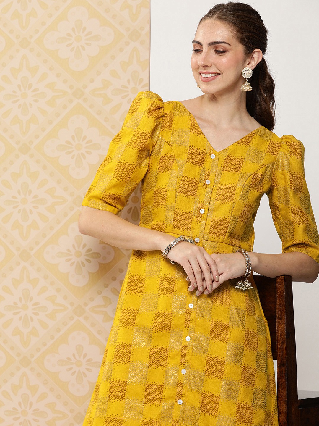 

Ethnovog Print A-Line Midi Dress, Mustard