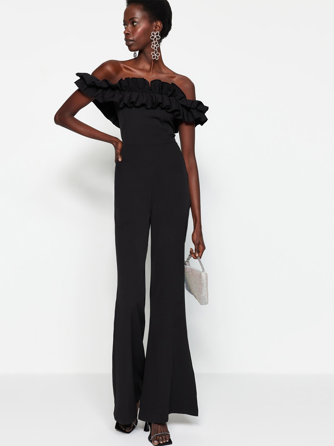 

Trendyol Off-Shoulder Ruffles Basic Jumpsuit, Black