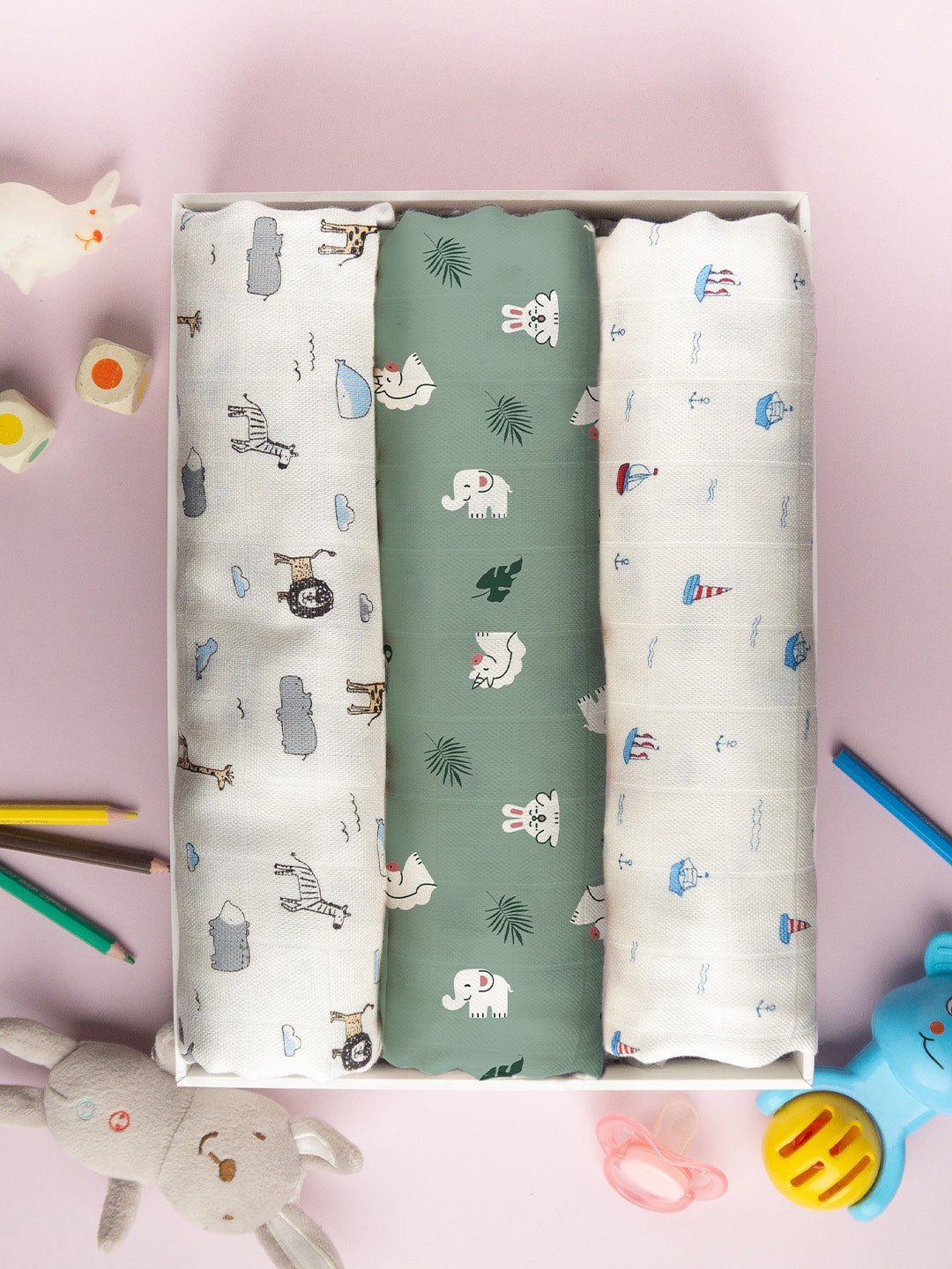 MUSH Infants Set Of 3 Printed Ultra Soft 100% Bamboo Swaddles, White
