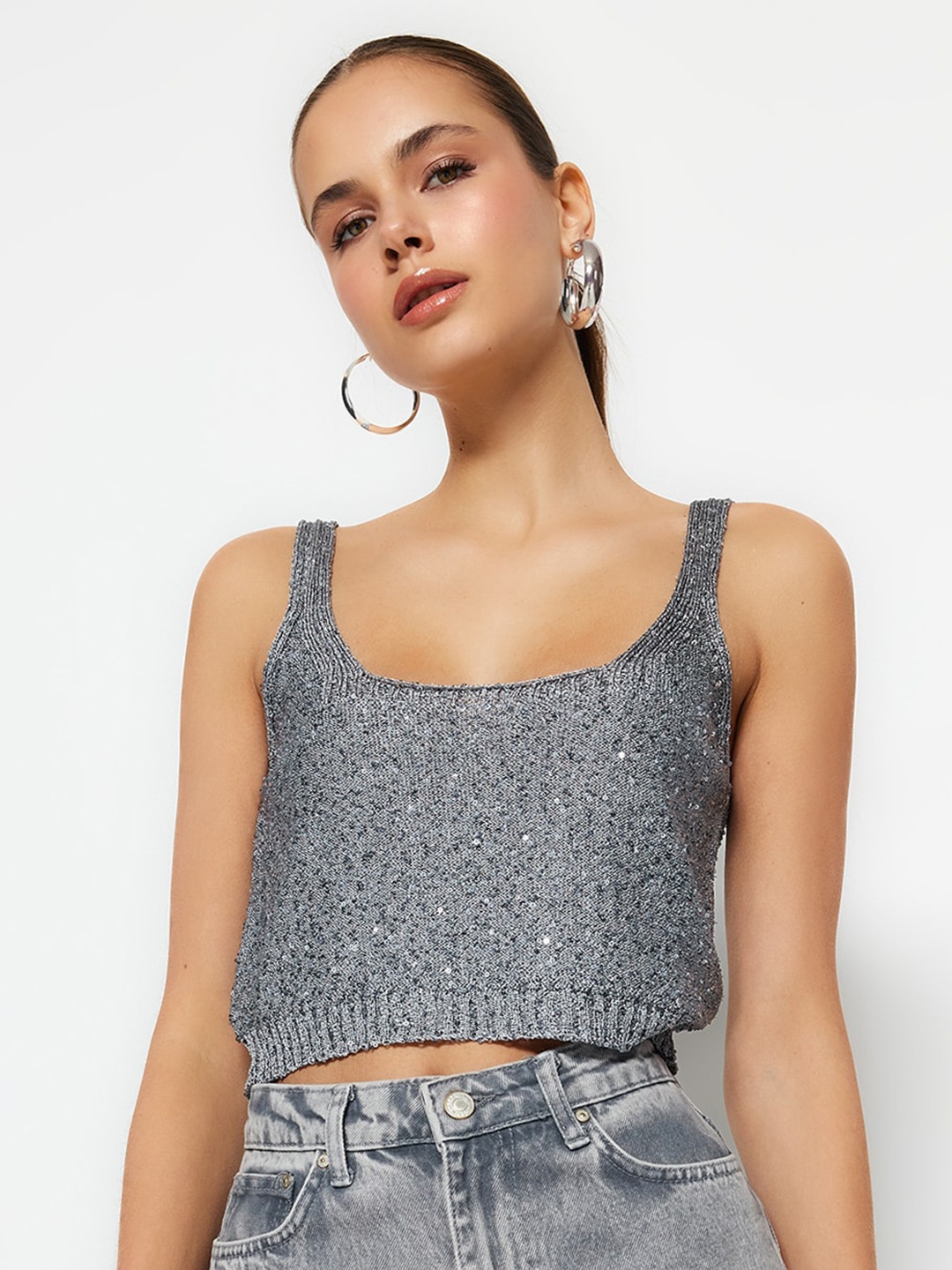 

Trendyol Sequin Embellished Scoop Neck Crop Top, Grey