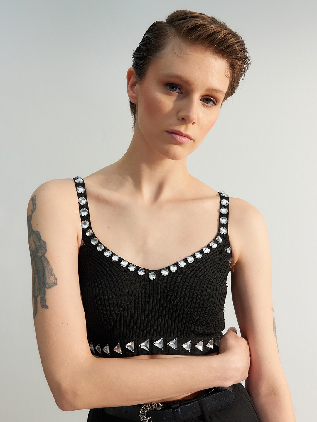 

Trendyol Self Design Embellished Bralette Crop Top, Black