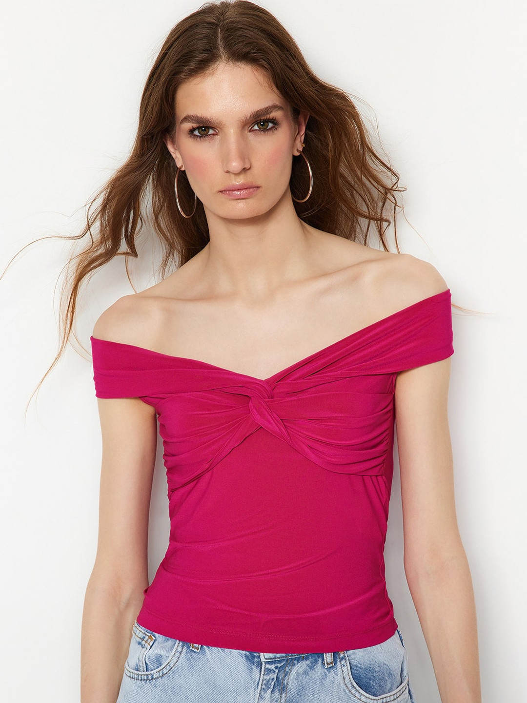 

Trendyol Off-Shoulder Twisted Detail Bardot Top, Magenta