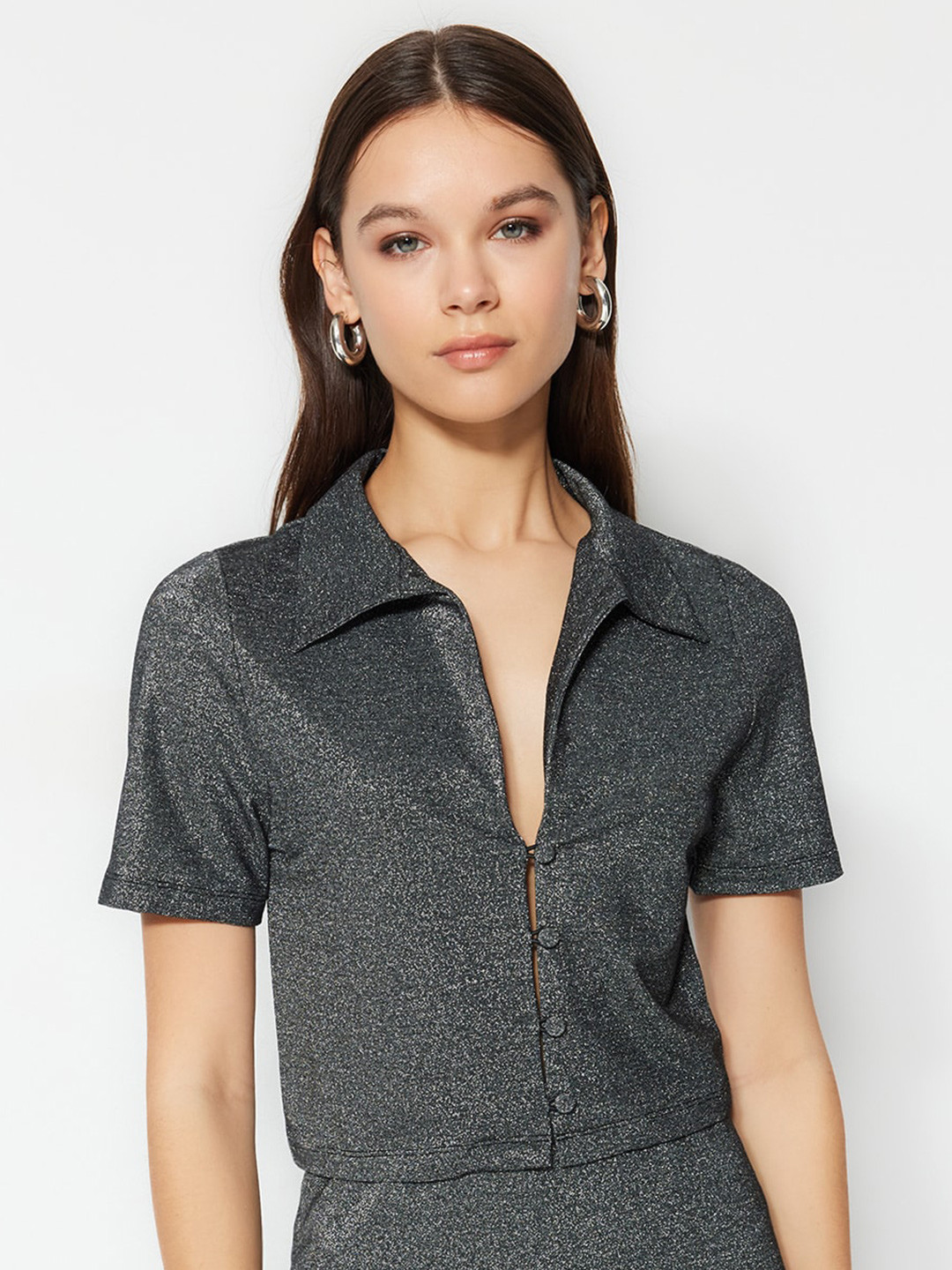 

Trendyol Short Sleeve Shirt Style Top, Grey