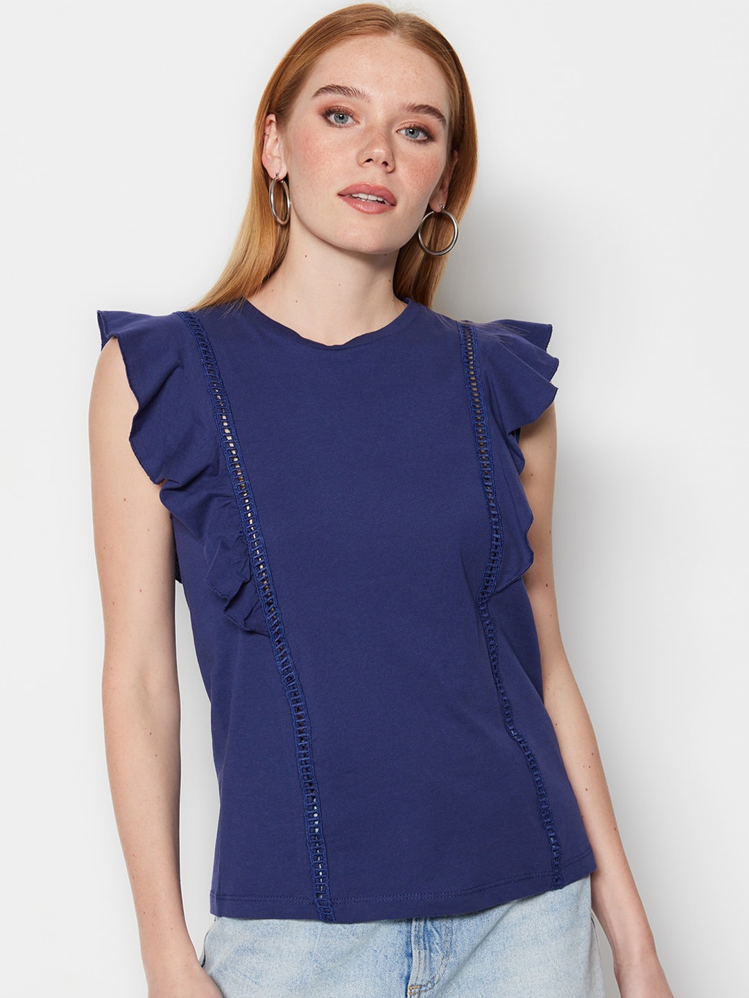 

Trendyol Round Neck Ruffled Flutter Sleeves Pure Cotton Top, Blue