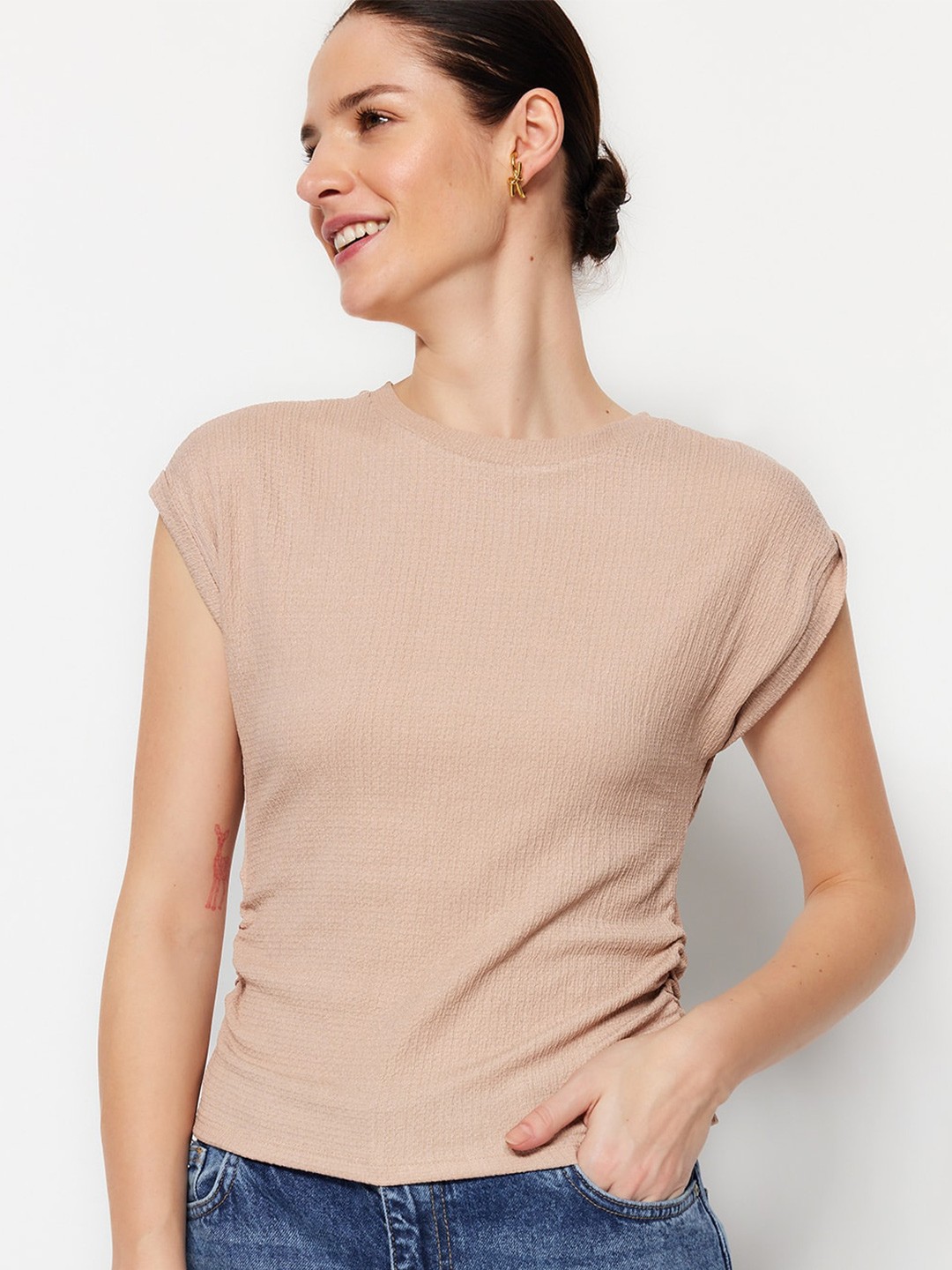 

Trendyol Self Design Extended Sleeves Ruched Top, Beige