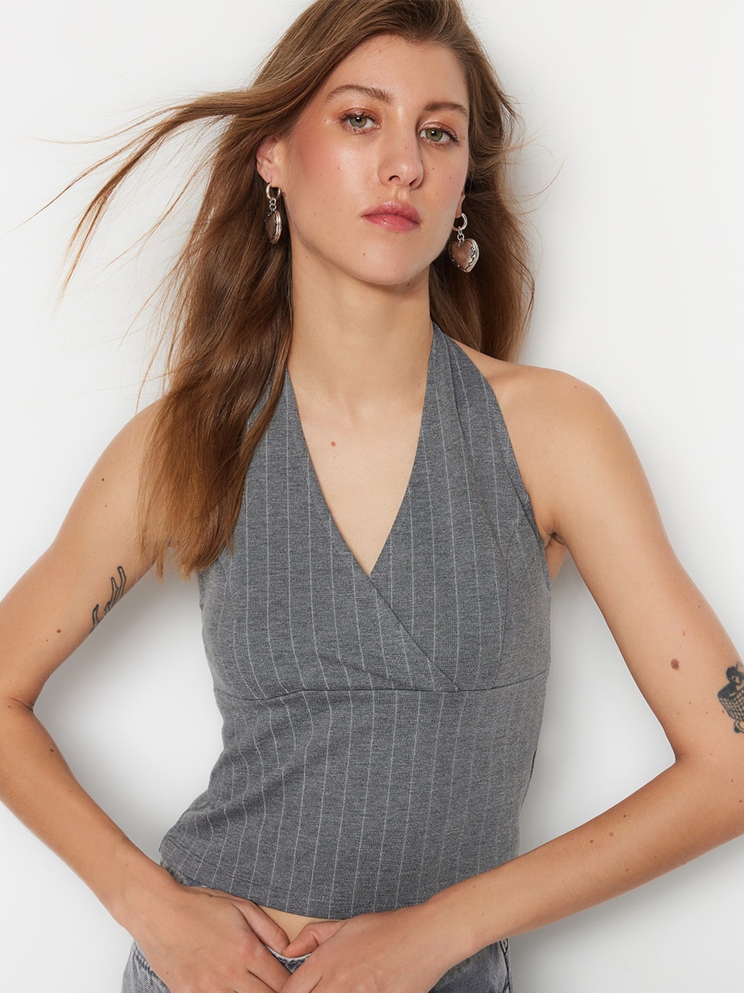 

Trendyol Striped Halter Neck Regular Top, Grey