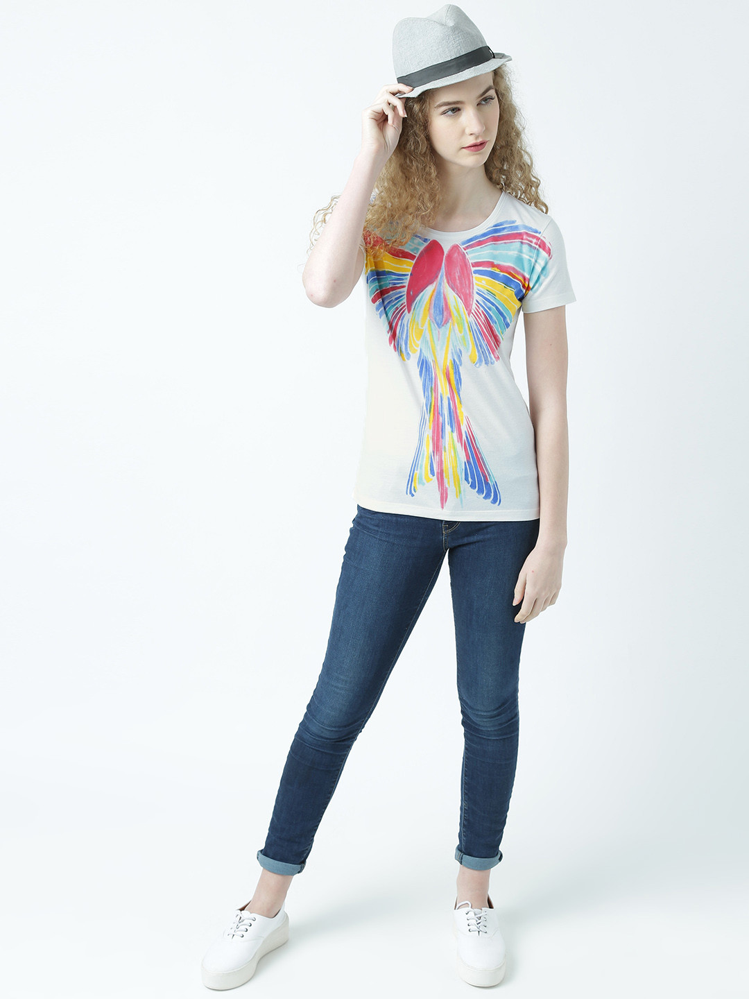 

Huetrap Women White Printed Round Neck T-shirt