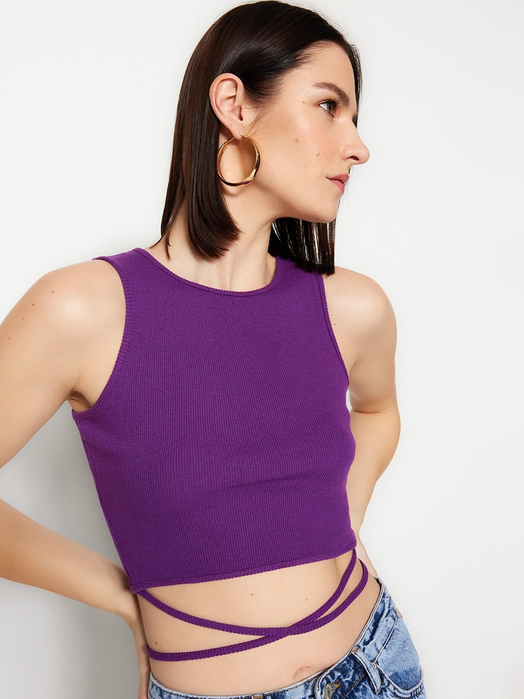

Trendyol Sleeveless Cotton Crop Top With Waist Tie-Ups, Purple