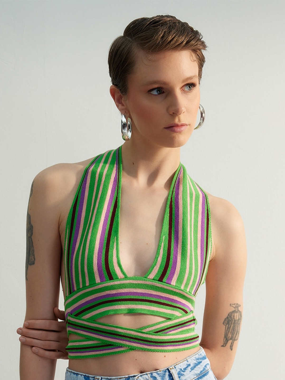 

Trendyol Striped Wrap Crop Top, Green