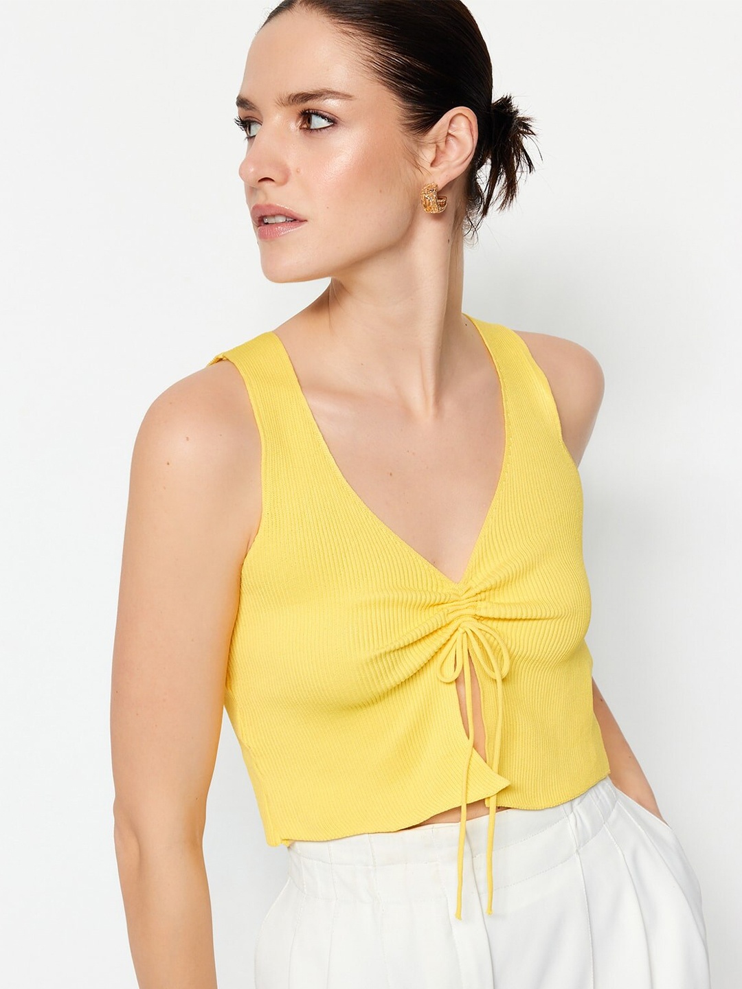 

Trendyol Self Design V-Neck Ruched Ribbed Crop Top, Yellow