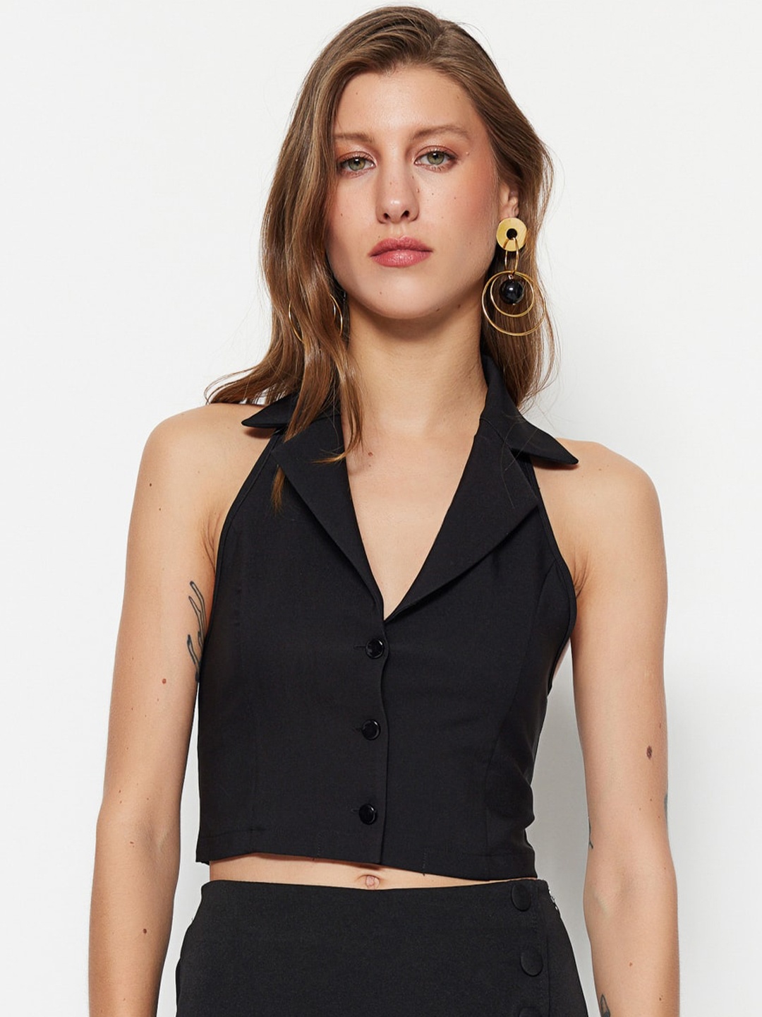 

Trendyol Cuban Collar Shirt Style Crop Top, Black