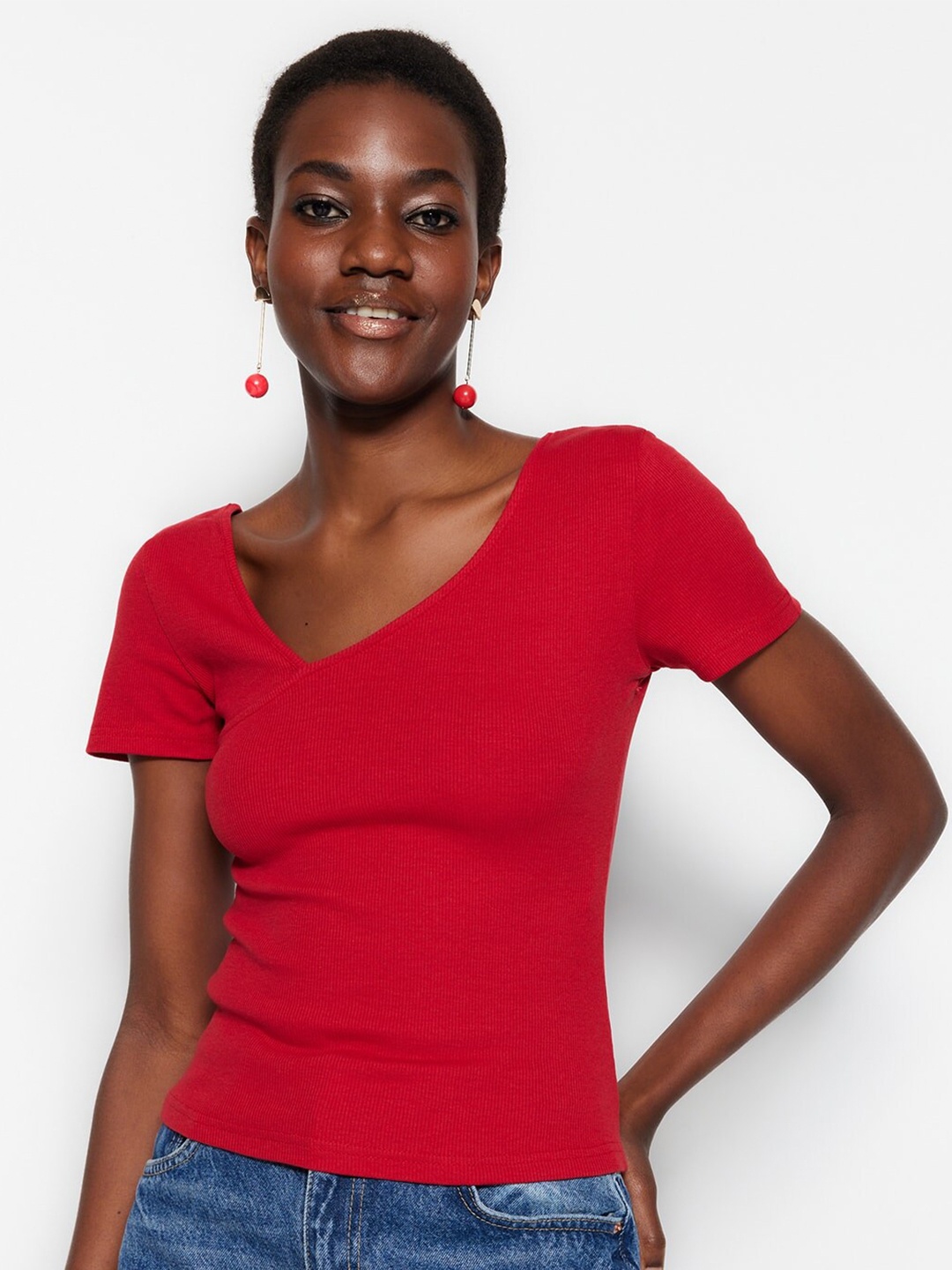 

Trendyol V-Neck Ribbed Regular Top, Red