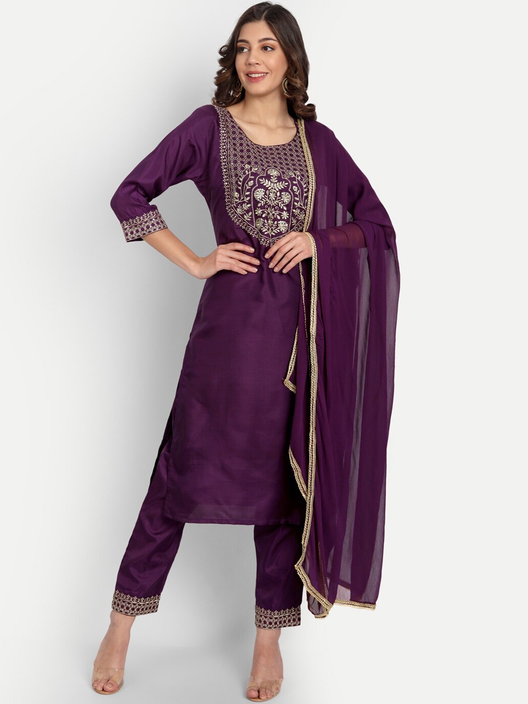 

KALINI Ethnic Motifs Yoke Design Kurta With Trousers & Dupatta, Purple