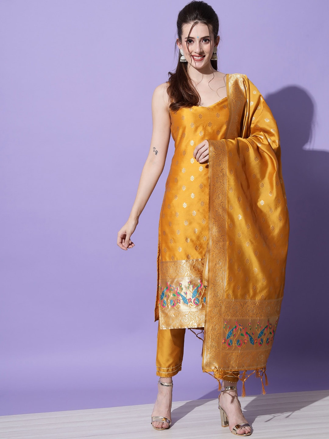 

KALINI Ethnic Motifs Woven Design Pure Silk Kurta With Trousers & Dupatta, Mustard