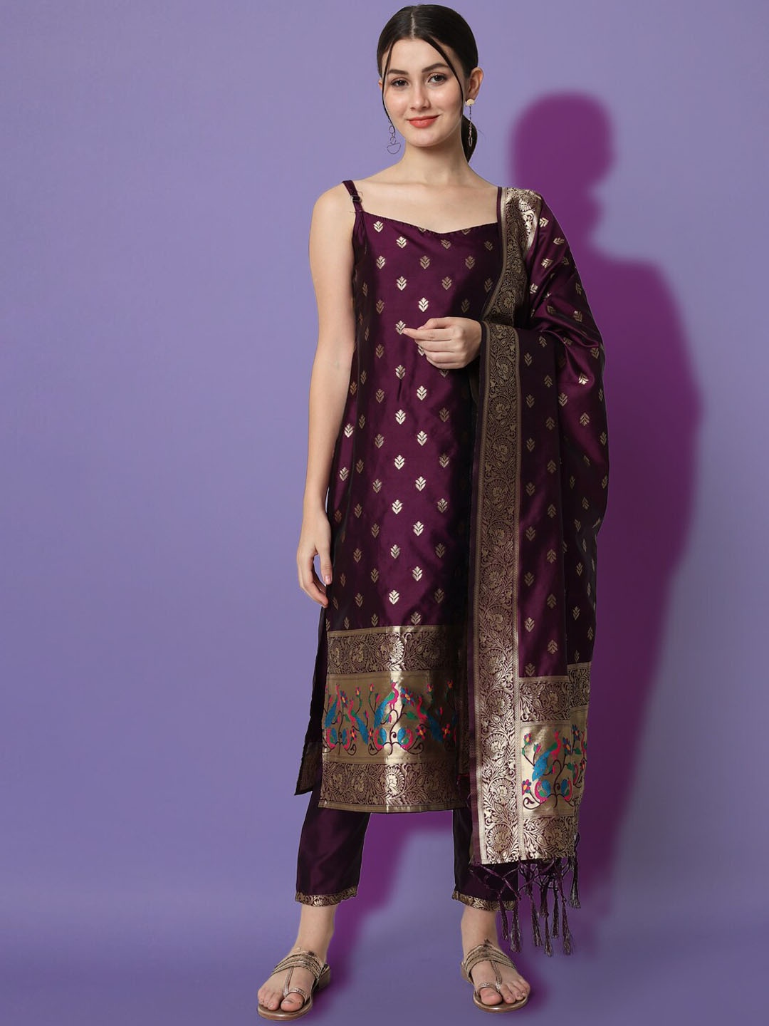 

KALINI Ethnic Motifs Woven Design Cotton Silk Kurta with Trousers & With Dupatta, Purple