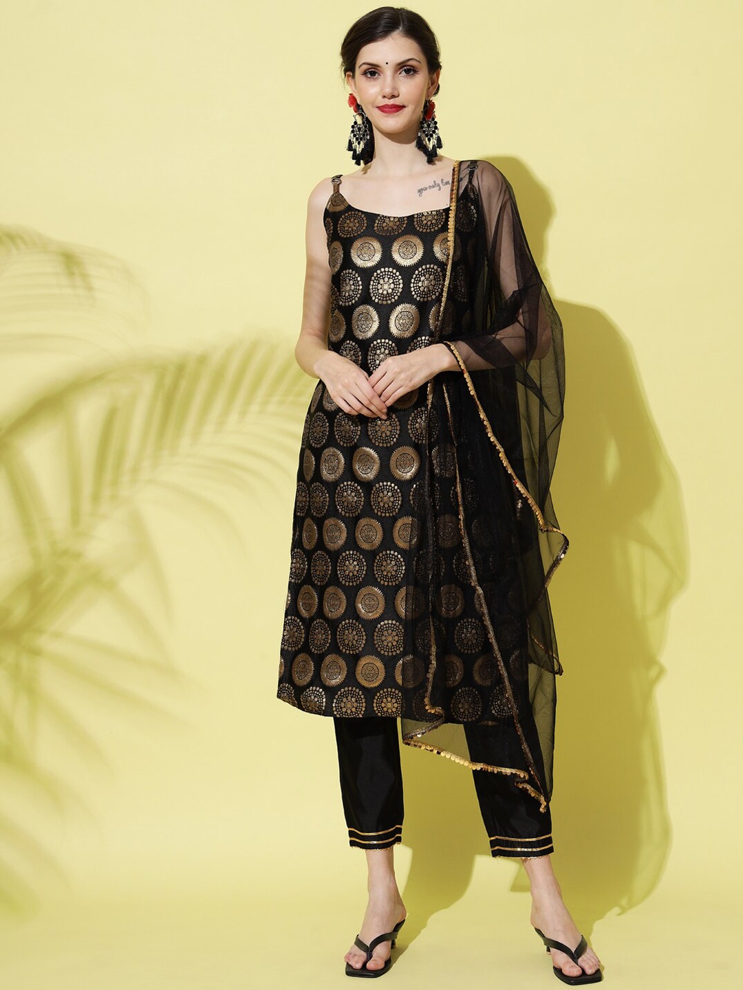 

KALINI Ethnic Motifs Woven Design Kurta With Trousers & Dupatta, Black