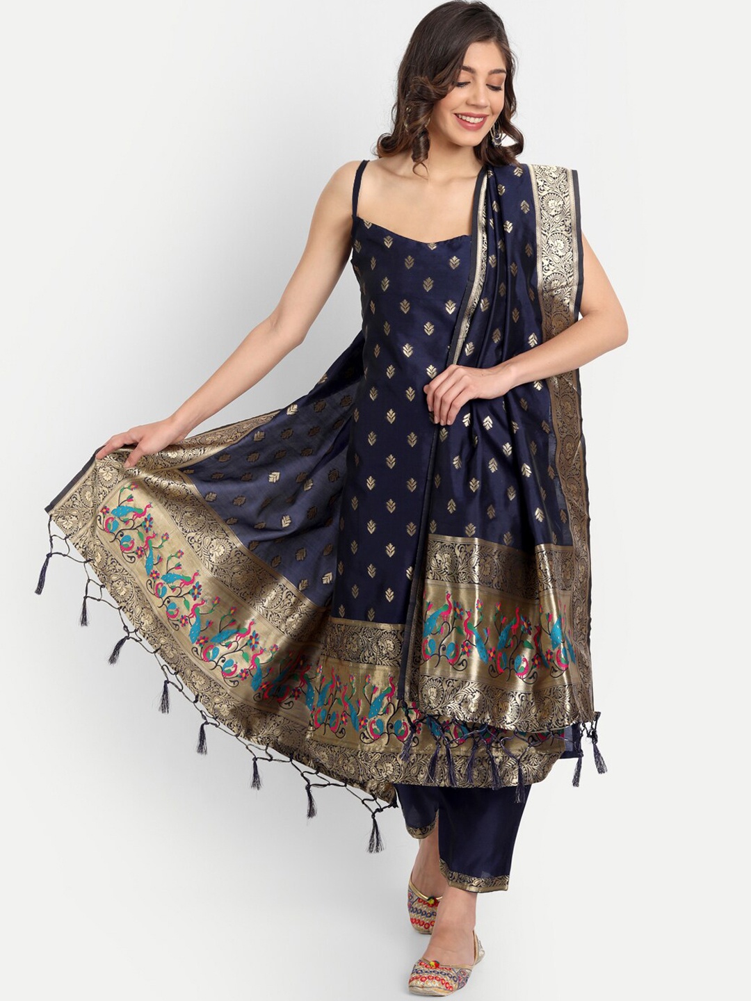 

KALINI Shoulder Straps Woven Design Kurta with Trousers & With Dupatta, Black