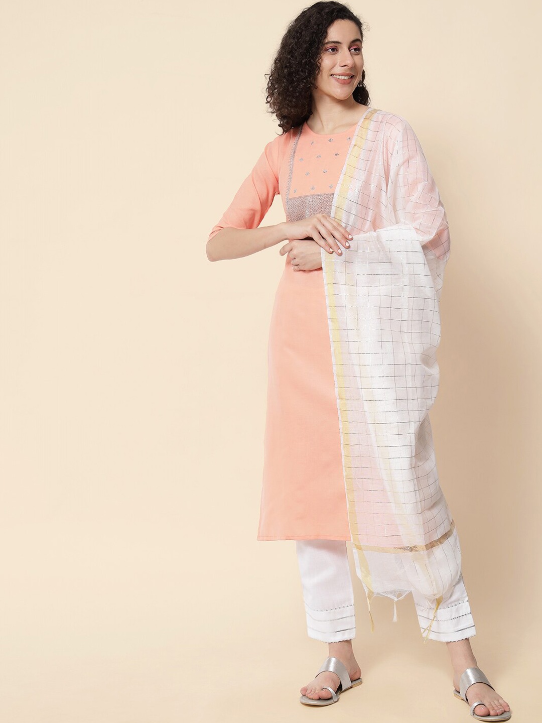 

KALINI Floral Yoke Design Sequinned Kurta with Trousers & With Dupatta, Peach