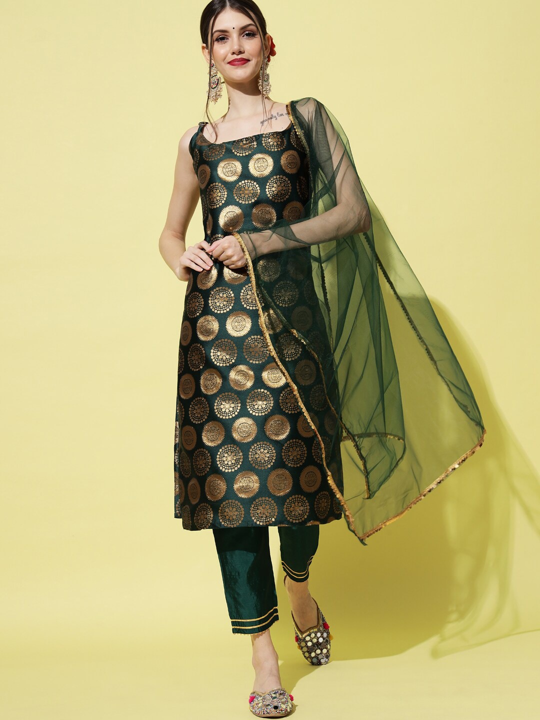 

KALINI Ethnic Motifs Woven design Kurta With Trousers & Dupatta, Green