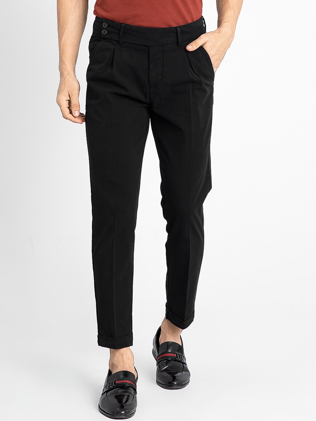 

Snitch Men Black Relaxed Straight Leg Slim Fit Pleated Chinos Trousers