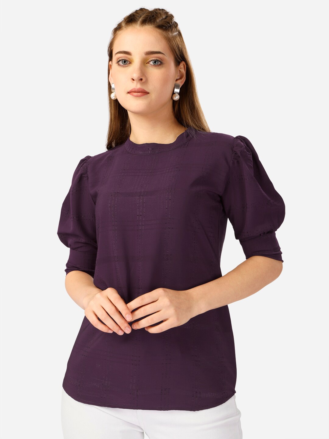 

Atsevam High Neck Puff Sleeve Cotton Top, Purple