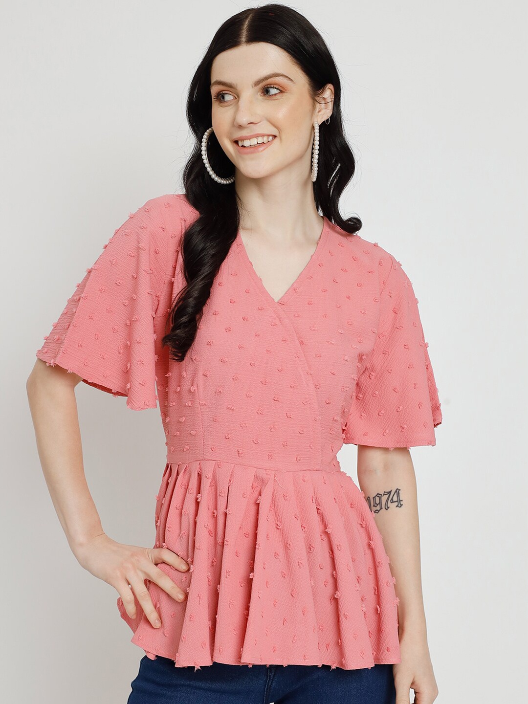 

Atsevam Self Designed V-Neck Flared Sleeves Cotton Peplum Top, Pink