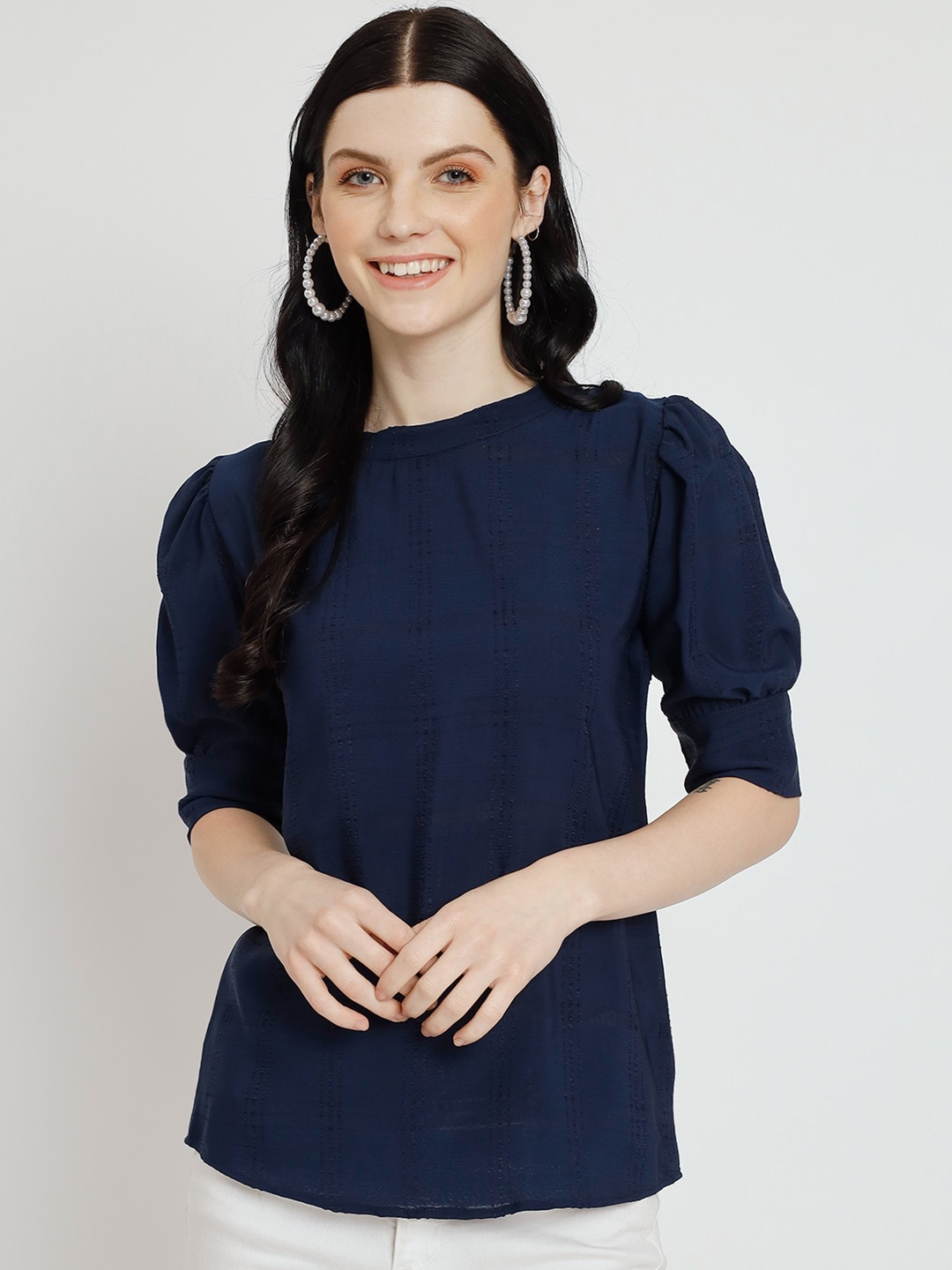 

Atsevam Striped Puffed Sleeves Cotton Top, Blue