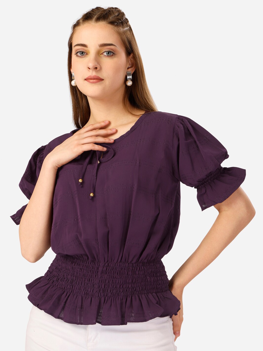 

Atsevam Self Design Tie-Up Neck Flutter Sleeve Cotton Blouson Top, Purple