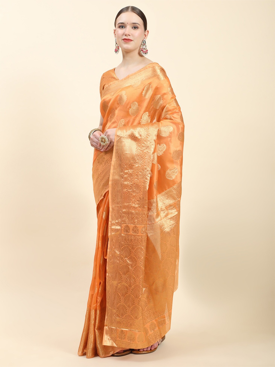 

PHEASANT Woven Design Zari Organza Saree, Orange
