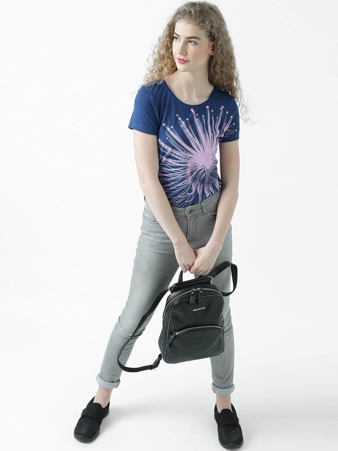

Huetrap Women Navy Blue Printed Round Neck T-shirt